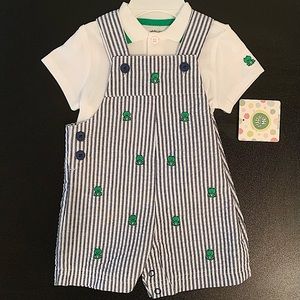 Little Me - White and Blue Striped Set with Frogs - 9 Months